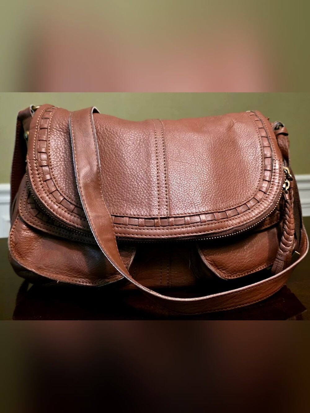 Lucky Brand Cognac Genuine Cow Leather Foldover Hobo Crossbody